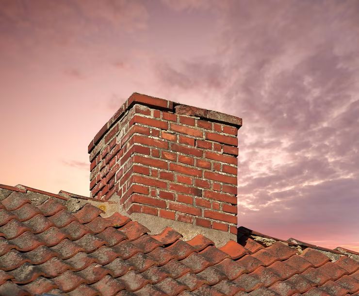 Weathered brick chimney above a tiled Edina roof under an evening sky