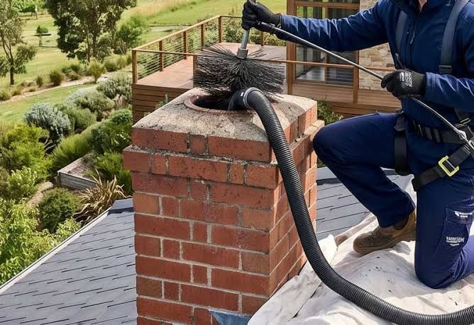 Brush and vacuum hose positioned over a chimney flue at the crown