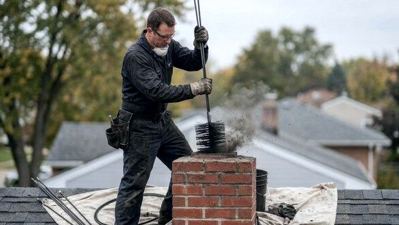 Sweep drawing a loaded brush from a chimney amid soot dust