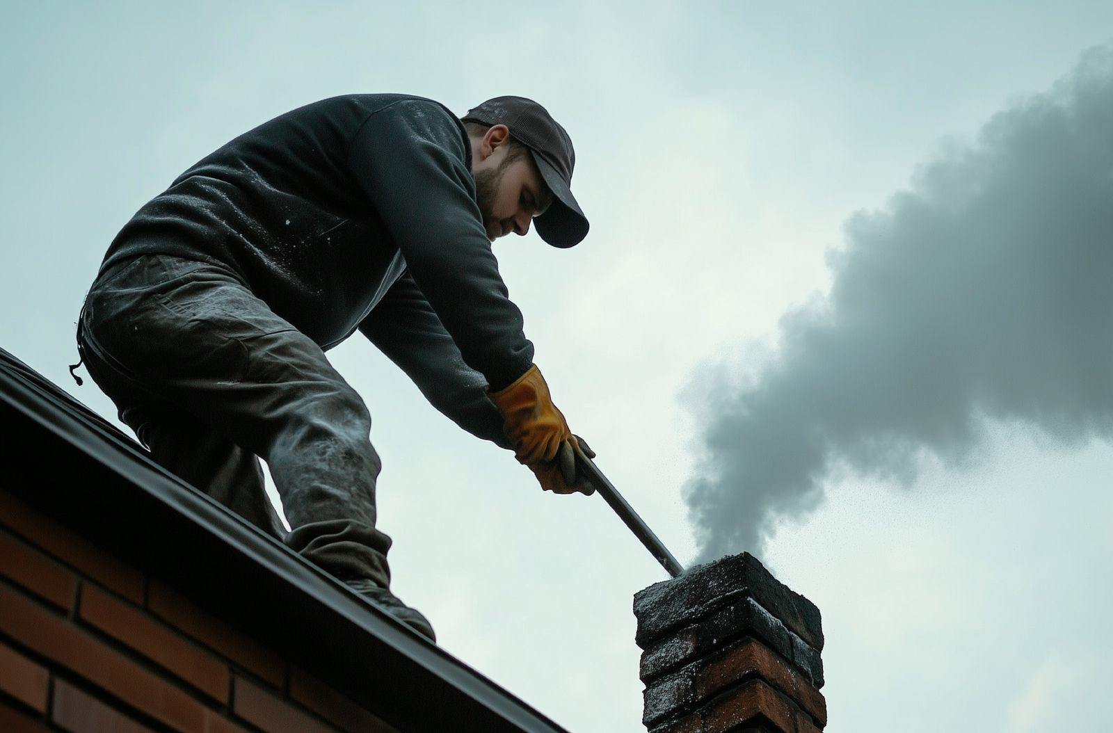 Technician working rods into a tall chimney as vapor rises